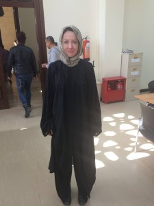 334 - Andreka wearing an abaya to enter the Grand Mosque in Bahrain — at Grand Mosque, Juffair.